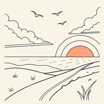 Minimalist sunset over the ocean with rolling hills and birds