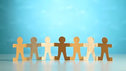 Diverse group of paper people holding hands in unity against a blue background
