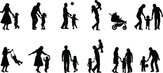 PrintBlack Silhouettes of Adults Interacting with Children in Various Family Activities Depicting Parenting, Caregiving, Playtime, and Nurturing Moments