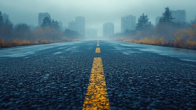 A vast, empty asphalt road stretches into the distance, its edges blurred by the hazy cityscape in the background, a testament to the boundless possibilities of artificial intelligence, 8k 