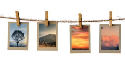 Collection of four scenic landscape photographs displayed on a line with clothespins
