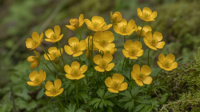 Cluster of yellow buttercup flowers in moss buttercups