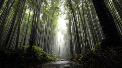 Obraz premium Serene Bamboo Forest Path with Mist and Soft Light