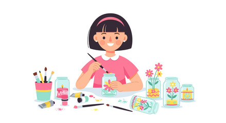 A delightful young girl demonstrates her creativity by upcycling old glass jars, transforming them into beautifully hand-painted decorative pieces, a joyful craft activity