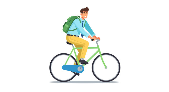 Happy commuter cycles to work, promoting an eco-friendly urban lifestyle. Sustainable daily travel by bicycle offers a healthy and active start to the day