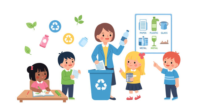 Children Classroom Recycling Lesson Teacher guides kids in waste sorting and environmental care. Fostering ecological awareness for sustainable practices