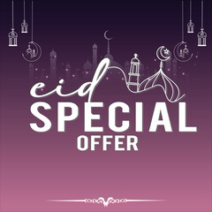 Naklejka premium Eid Special Offer design .Eid Sale vector illustration art for social media and website,Eid sale offer Ramazan sale, Ramadan weekend sale, Eid special offer isolated on premium gradient background .