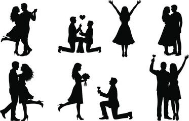 PrintRomantic couples silhouette collection with proposals, embraces, and joyful celebrations, perfect for Valentine’s Day, weddings, love themes, and relationship concepts vector