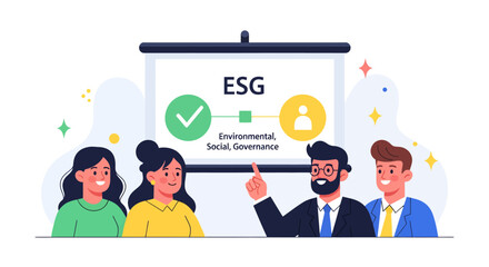Engaging corporate ESG presentation illustration depicting a professional team discussing vital environmental, social, and governance principles for sustainable business
