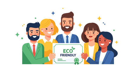 A diverse and enthusiastic team proudly displays an Eco Friendly Certificate, celebrating their commitment to sustainability and environmental responsibility in business practices
