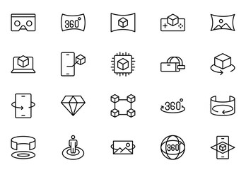 Virtual reality icon set. It contains VR, augmented reality, headset, immersive, mixed reality, AR, 360-degree, and more. Thin outline icons pack. Vector illustration