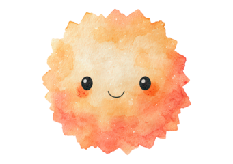 Cute smiling watercolor sun with happy face and blushing cheeks on transparent background, PNG
