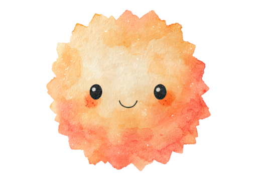 Cute smiling watercolor sun with happy face and blushing cheeks on transparent background, PNG