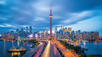 Toronto skyline at night with car light trails and beautiful clouds long exposure - Powered by Adobe