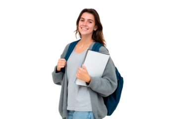 Woman student holding books and backpack smiling confidently on transparent background, PNG