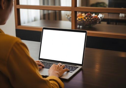 Person working on a laptop with a blank screen, indoors, at a table. - Powered by Adobe