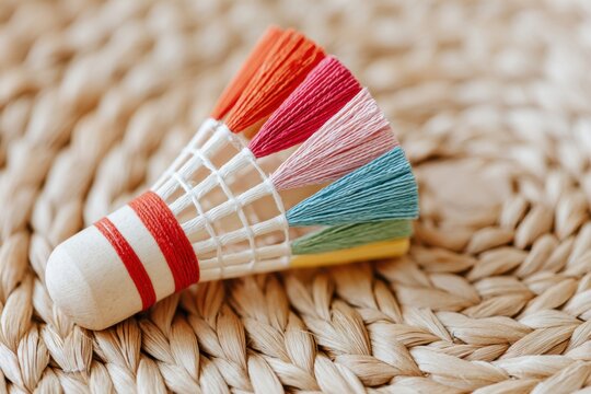 Colorful jegichagi shuttlecock lying on woven surface