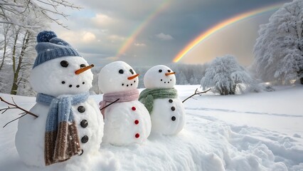 Obraz premium Three cute snowmen in a snowy winter wonderland with pine trees. AI GENERATED. 