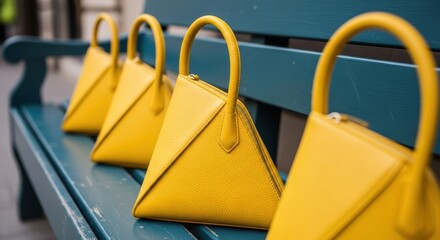 Row of stylish yellow triangle handbags on blue bench