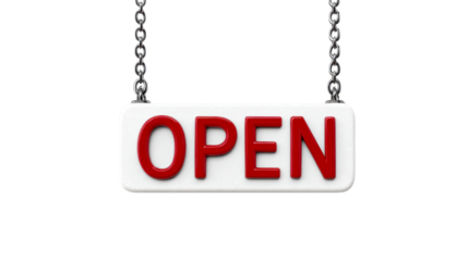 Shiny Red Letters OPEN Sign Hanging by Metal Chains on White Background