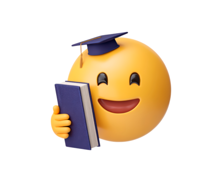 Smiling graduation emoji holding book with cap celebrating academic achievement on transparent background, PNG