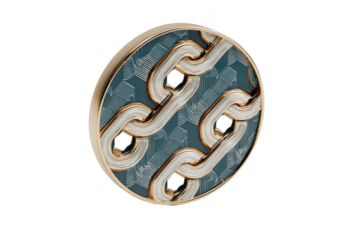 Gold-rimmed teal coin with cream chain links over patterned background