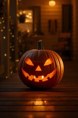 Obraz premium Glowing Halloween Pumpkin Lantern: Festive Night on Porch