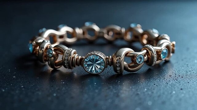 Elegant rose gold bracelet adorned with sparkling blue gems, resting on a dark textured surface.