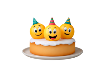 Emojis with party hats celebrating on a festive cake on transparent background, PNG