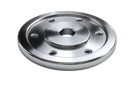 Close-up of a shiny, metallic, circular component with bolt holes and central opening