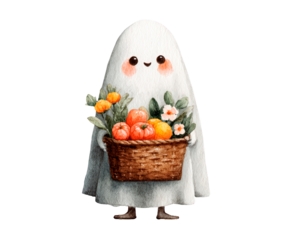 Cute cartoon ghost holding a basket of halloween harvest vegetables and flowers on transparent background, PNG