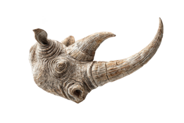 Detailed rhino head carving, focused on the horn and skin texture against a black background