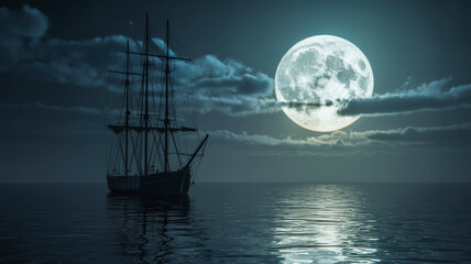 Majestic tall ship sails calm seas under luminous full moon, evoking adventure and mystery