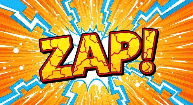 Comic Book Style "Zap!" Explosion Graphic with Yellow Cracked Letters and Blue Lightning Bolts