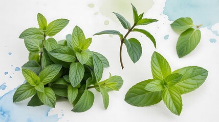 Fresh Mint Leaves Sprigs and Water Splashes herb green