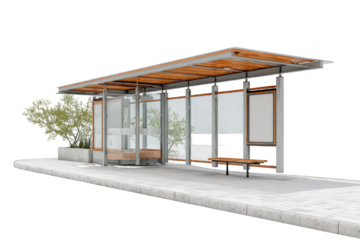 Modern bus shelter with glass walls, wooden details, and benches on concrete