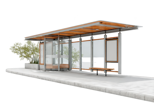 Modern bus shelter with glass walls, wooden details, and benches on concrete