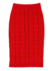 A vibrant red knitted pencil skirt, with a cable knit design