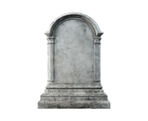 Historic stone gravestone with ornate arched design on transparent background, PNG