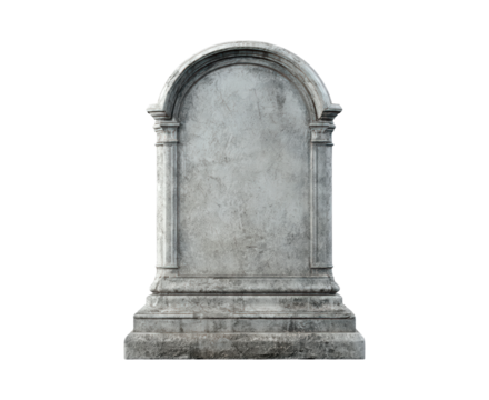 Historic stone gravestone with ornate arched design on transparent background, PNG