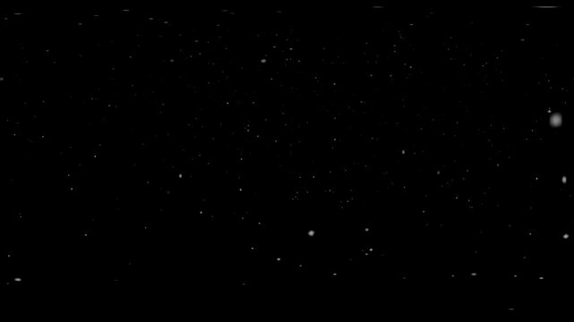 Snow falling in 360&deg; equirectangular looped video with medium intensity on black background. Ideal overlay for VR, winter, festive or holiday projects.
