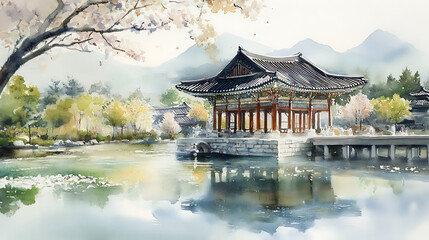 Fototapeta premium Watercolor painting of traditional Korean pavilion by calm river, surrounded by lush trees and distant mountains, creating peaceful and serene atmosphere