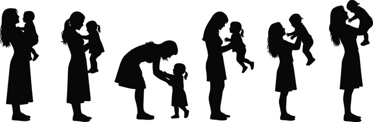 PrintSilhouette of mother and child showing love, care, and growth through life stages in emotional black vector family illustration design