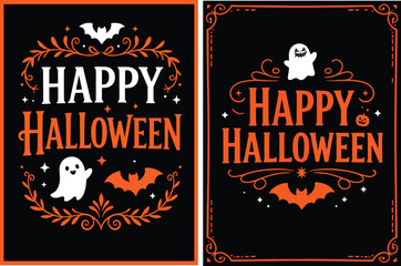 Scary Halloween Card with Ghost, Bat, and Pumpkin Illustration