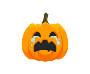 Crying pumpkin emoji with tears and sad expression in halloween theme on transparent background, PNG