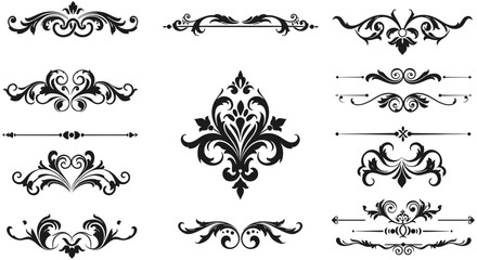 Collection of ornate black and white flourishes and decorative borders