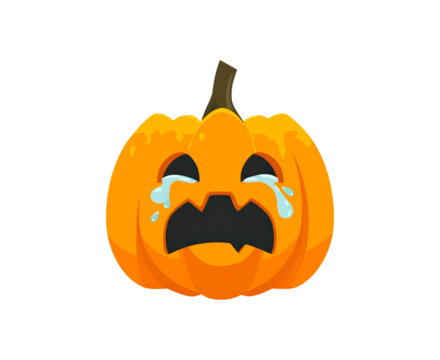 Crying pumpkin emoji with tears and sad expression in halloween theme on transparent background, PNG
