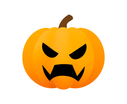 Spooky jack-o'-lantern with angry expression and dark cutout eyes on transparent background, PNG