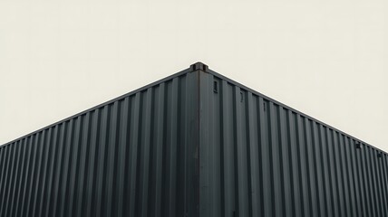 Geometric corner of a dark corrugated metal shipping container