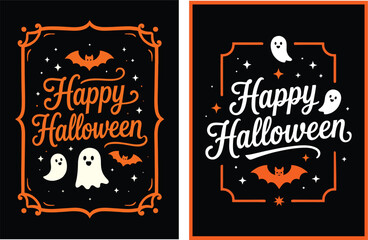 Vintage Halloween Greeting Card with Ghosts, Bats, and Decorative Frame